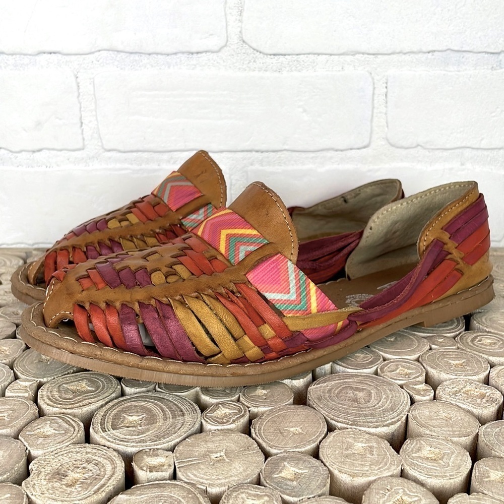 Vintage Huaraches Bocio Boho Colorful Leather Woven Strappy Slip On Loafers 8